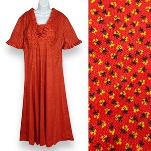 Vintage Prairie Dress 70s Calico‎ Orange Maxi Plus Size Retro Short Sleeve Retro